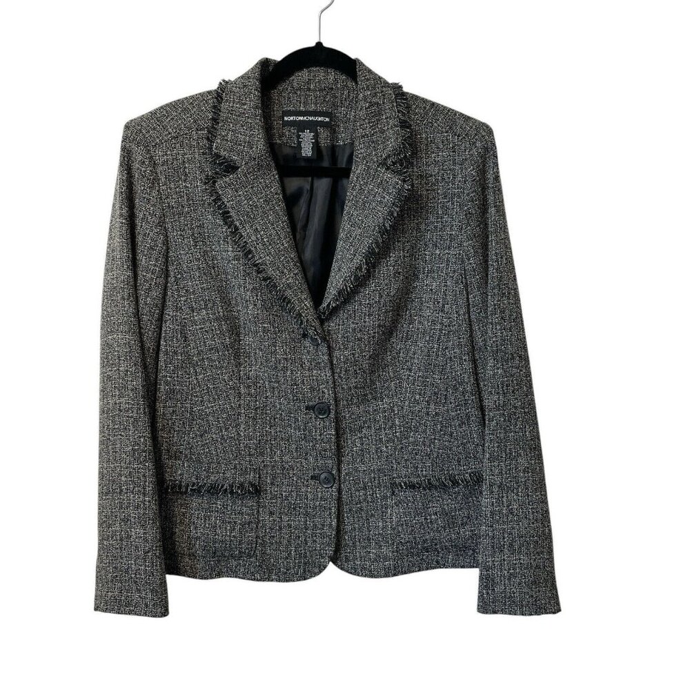 NORTON MCNAUGHTON BLAZER TWEED JACKET SIZE 12 FRINGE BLACK WHITE CAPSULE POCKETS